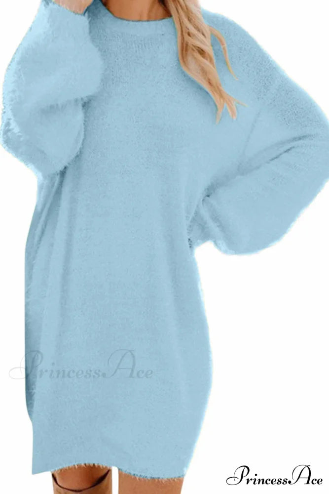 Plush Long Sleeve Crew Neck Dress Peacock Blue / S