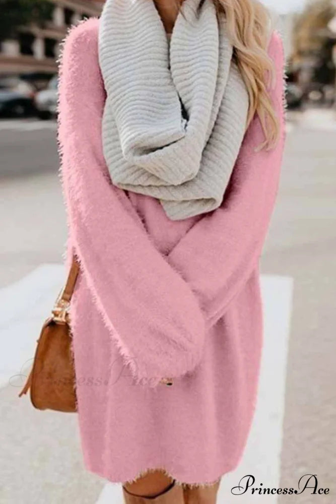 Plush Long Sleeve Crew Neck Dress Pink / S