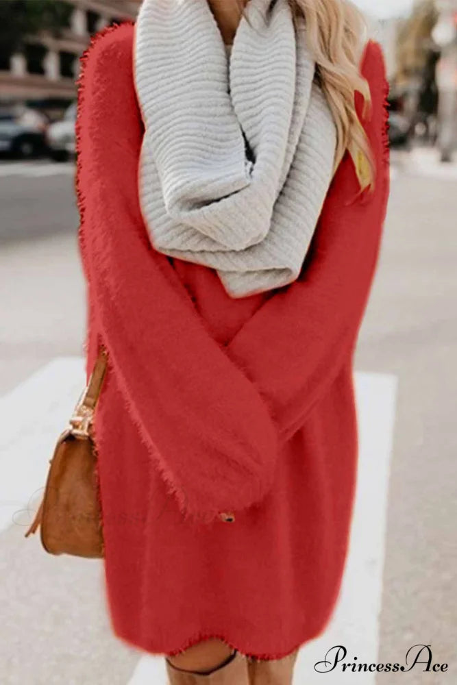 Plush Long Sleeve Crew Neck Dress Red / S