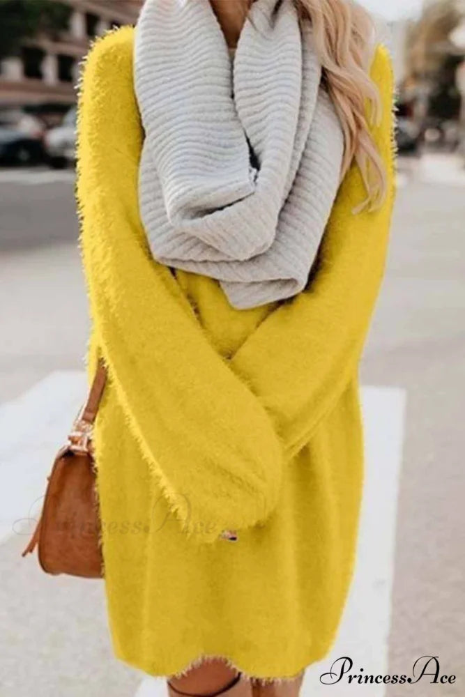 Plush Long Sleeve Crew Neck Dress Yellow / S