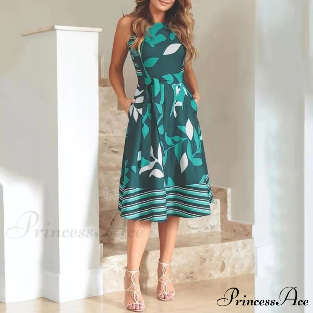Pocket Design Belted Sleeveless Summer Dress L / BLUE