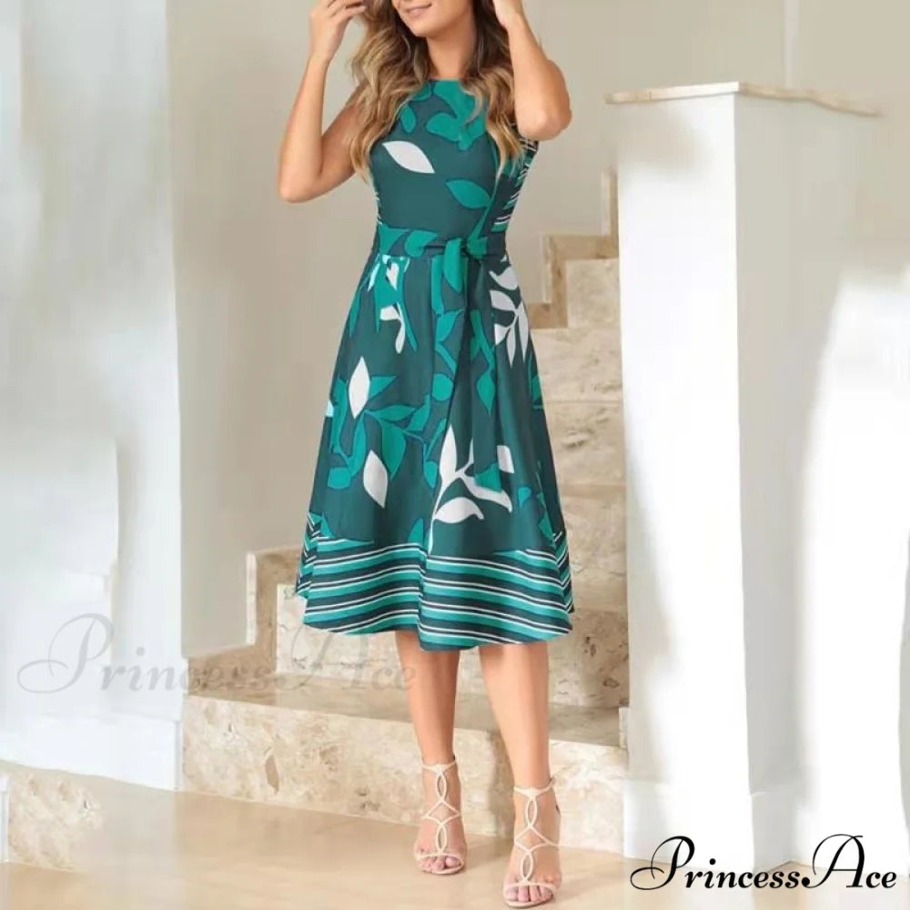 Pocket Design Belted Sleeveless Summer Dress L / GREEN