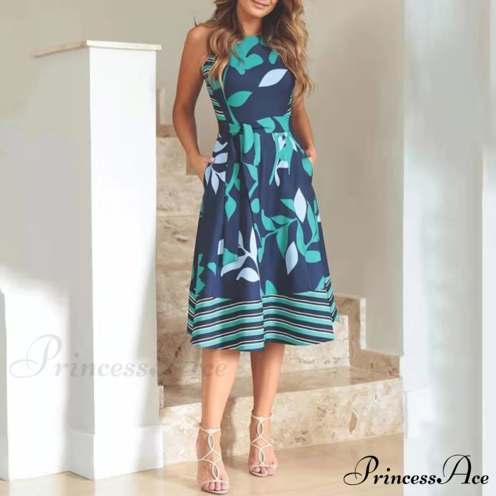 Pocket Design Belted Sleeveless Summer Dress M / BLUE