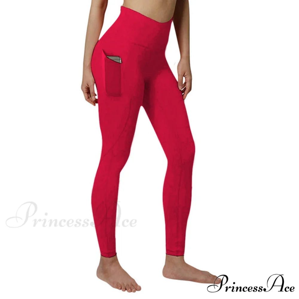 Pocket High Waist Push Up Sports leggings red / S
