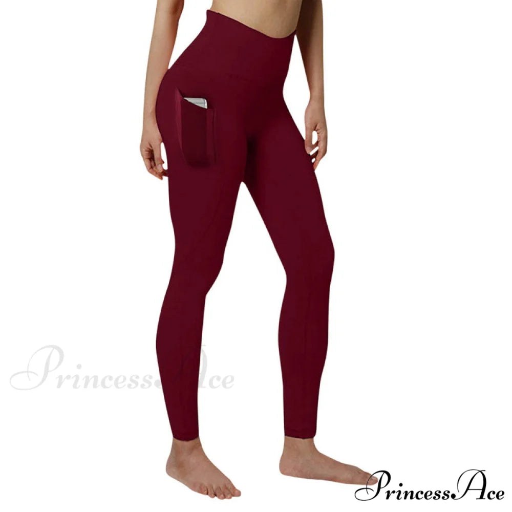 Pocket High Waist Push Up Sports leggings wine red / S