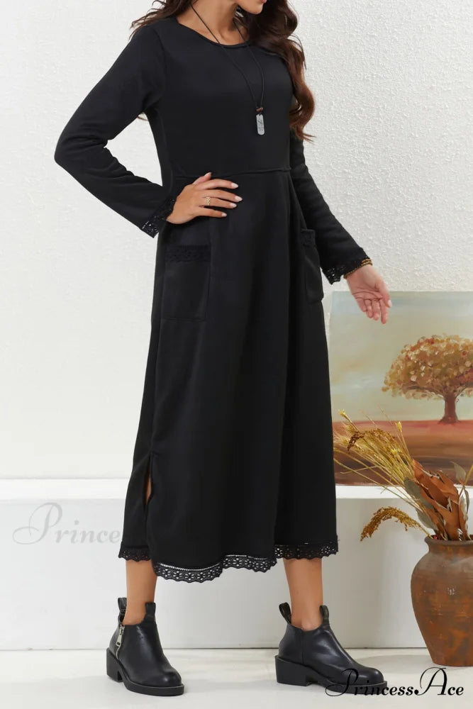 Pocketed Lacework Hem Dress Black / 2XL