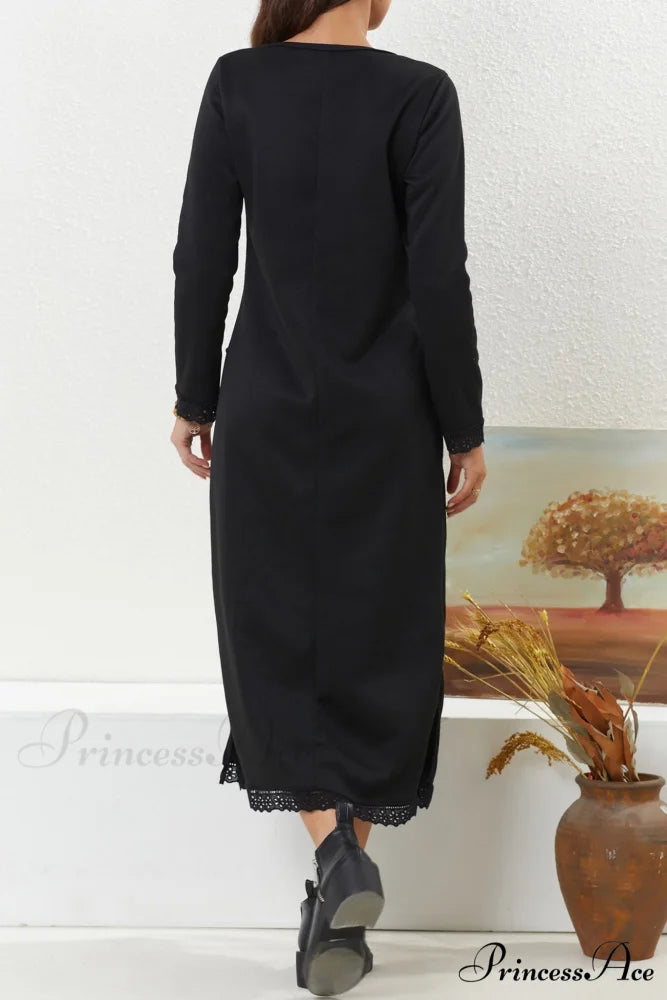 Pocketed Lacework Hem Dress Black / 4XL