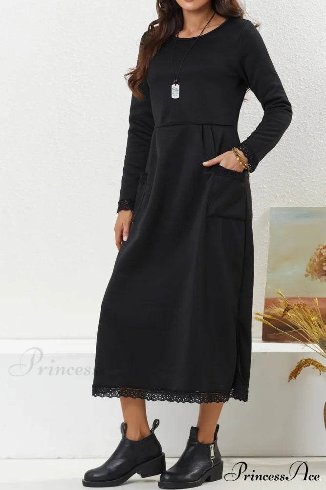 Pocketed Lacework Hem Dress Black / L