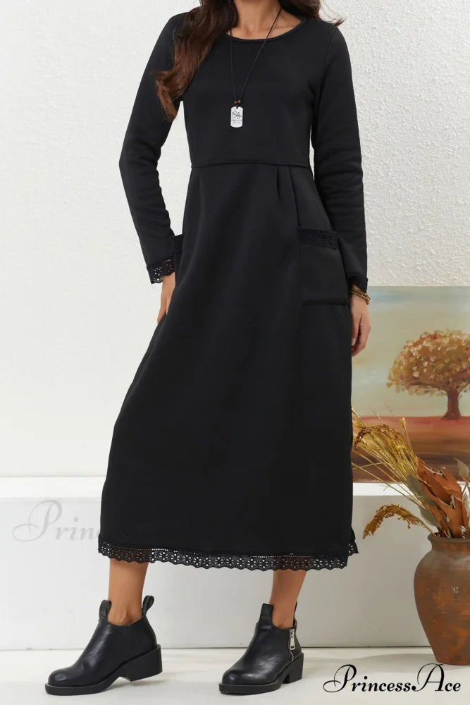 Pocketed Lacework Hem Dress Black / S