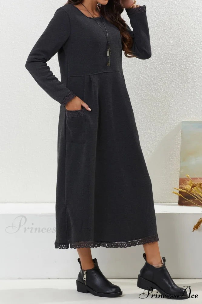 Pocketed Lacework Hem Dress Dark Grey / 2XL