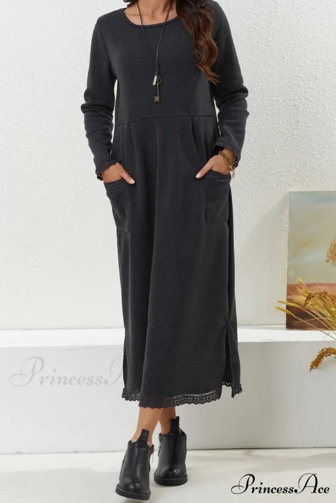 Pocketed Lacework Hem Dress Dark Grey / S