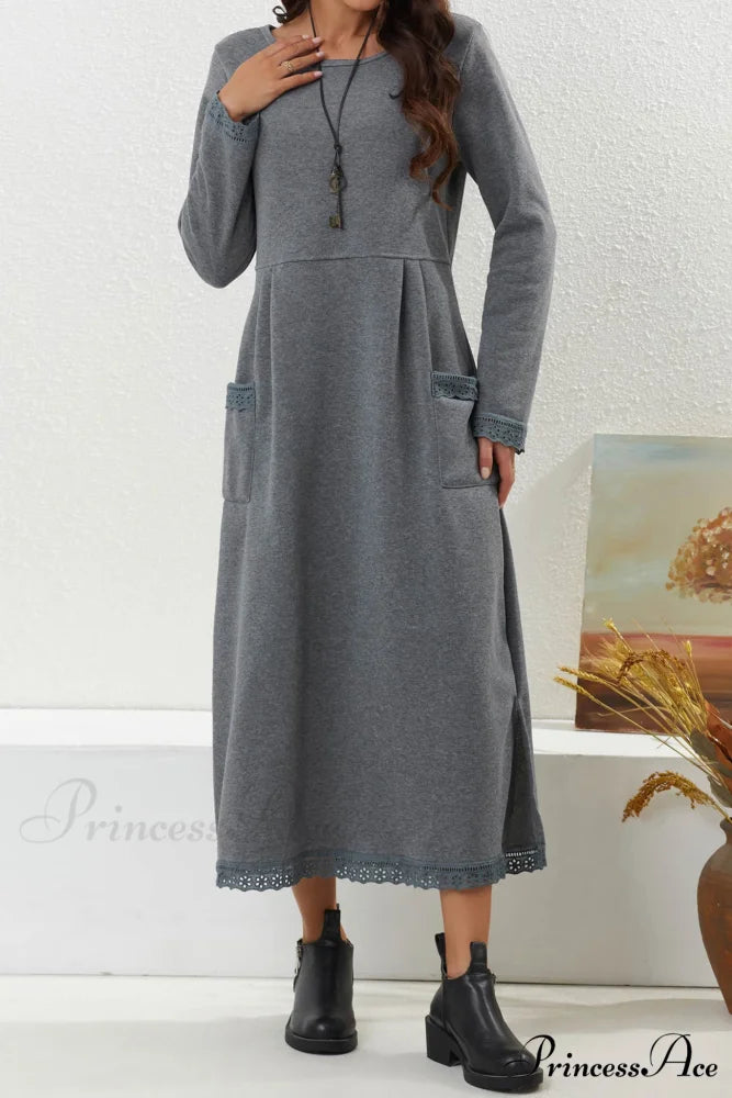 Pocketed Lacework Hem Dress Light Grey / L