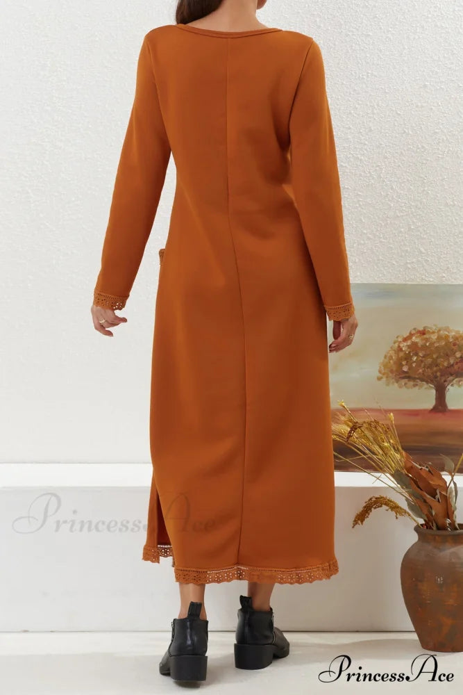 Pocketed Lacework Hem Dress Orange / 4XL
