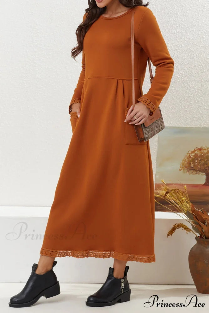 Pocketed Lacework Hem Dress Orange / L