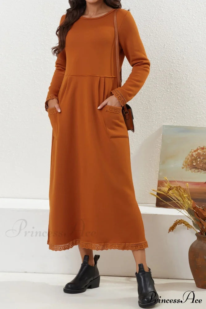 Pocketed Lacework Hem Dress Orange / S