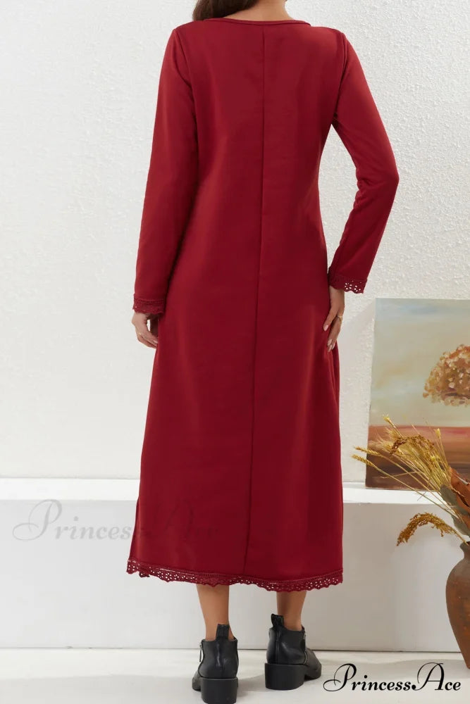 Pocketed Lacework Hem Dress Red / 4XL