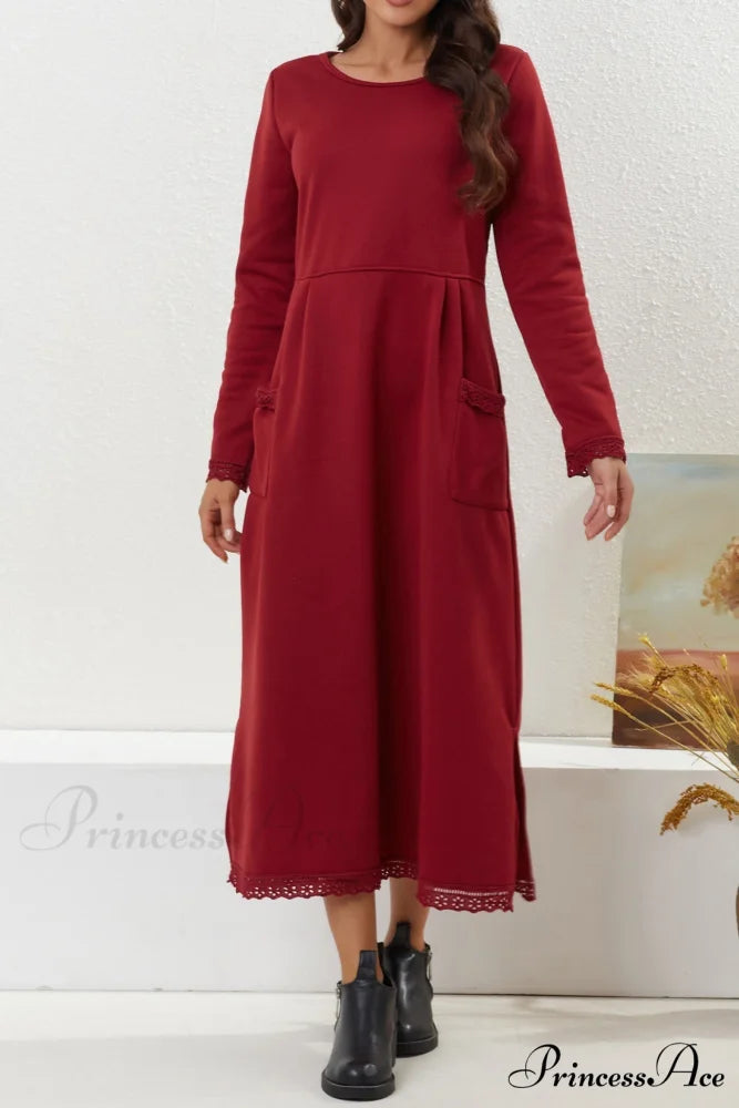 Pocketed Lacework Hem Dress Red / L