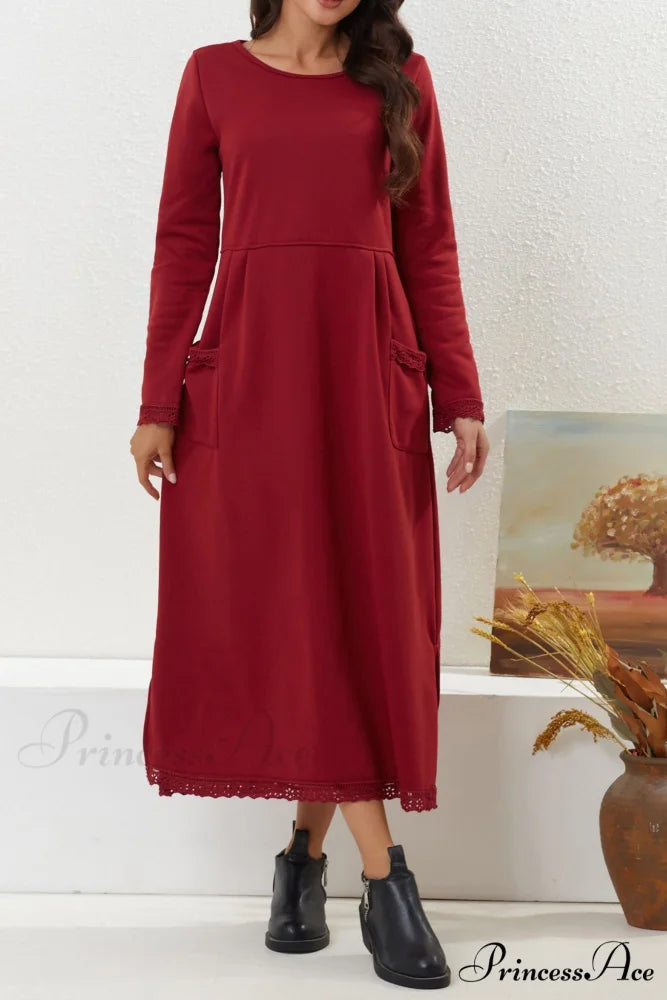 Pocketed Lacework Hem Dress Red / S