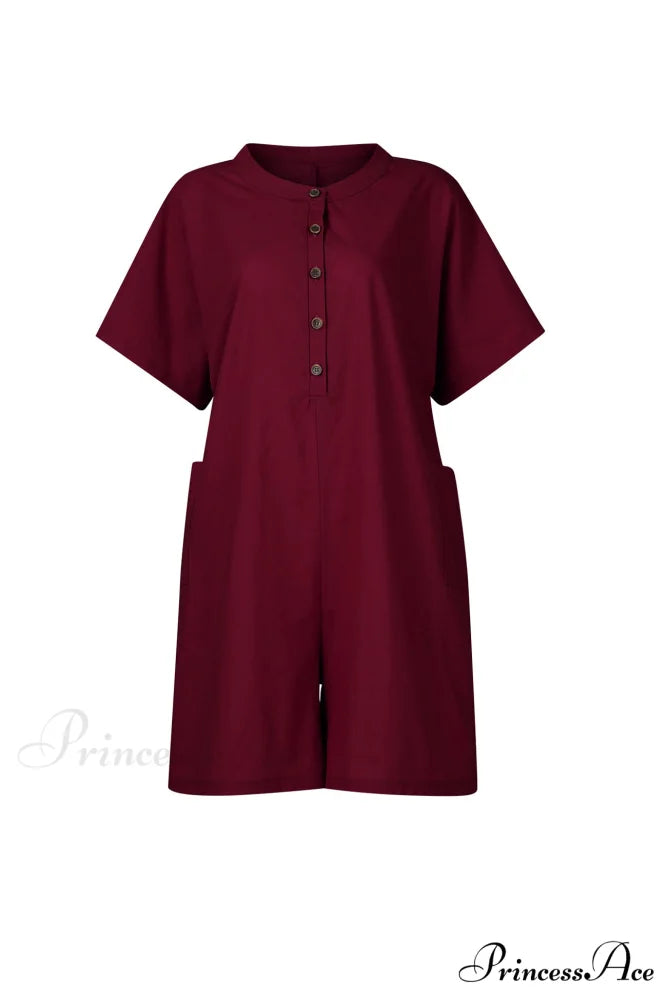 Pocketed Loose Rompers Wine Red / L
