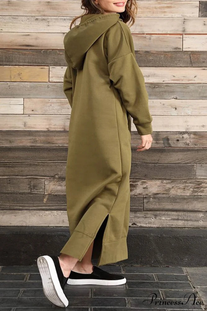 Pocketed Slit Hem Hoodie Dress Army Green / 2XL