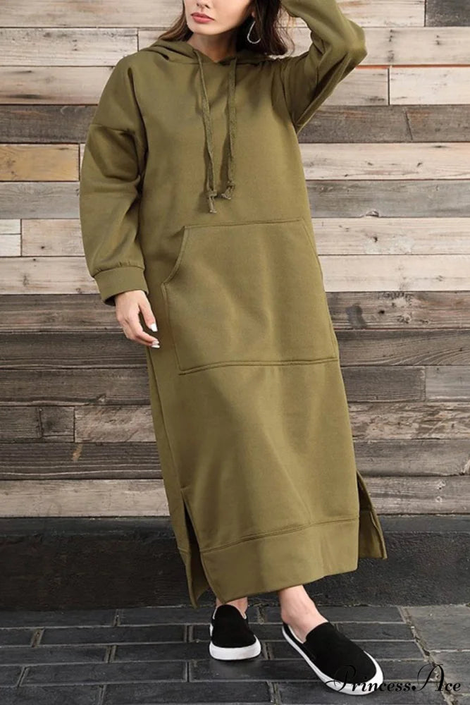 Pocketed Slit Hem Hoodie Dress Army Green / S