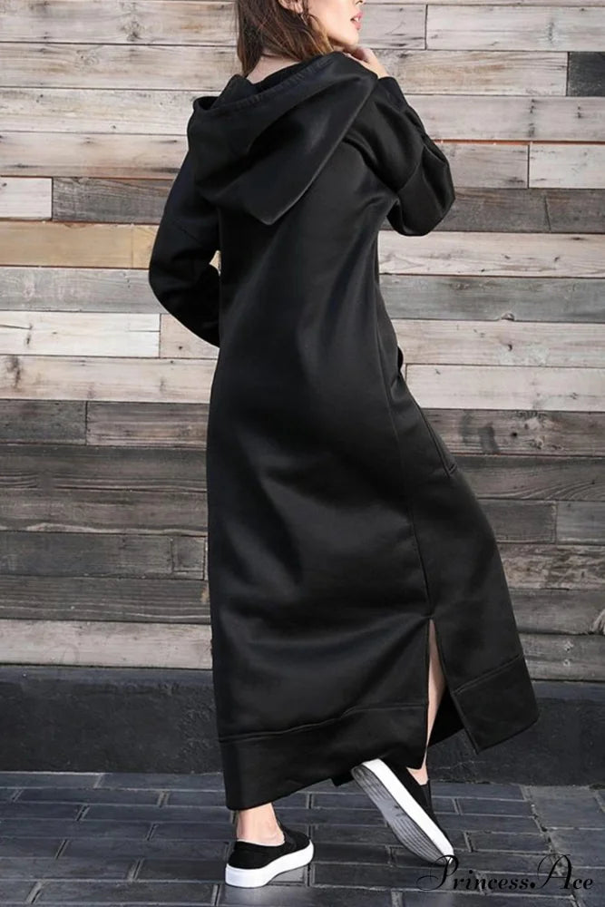 Pocketed Slit Hem Hoodie Dress Black / 2XL