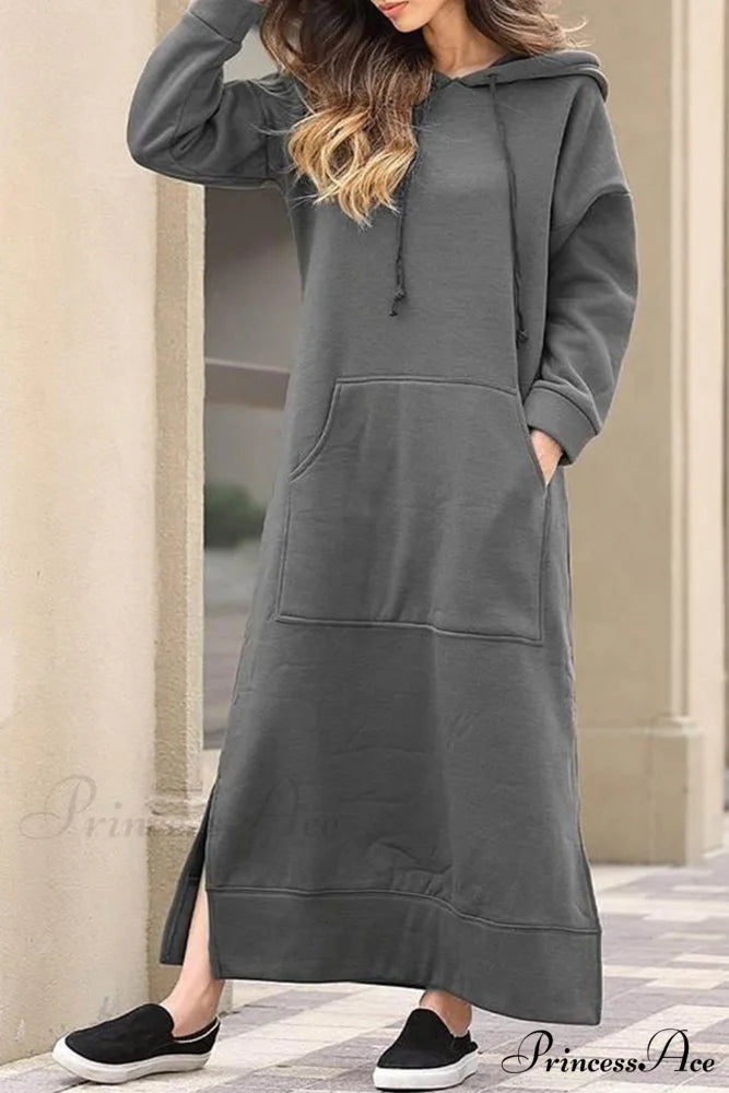 Pocketed Slit Hem Hoodie Dress Dark Grey / S