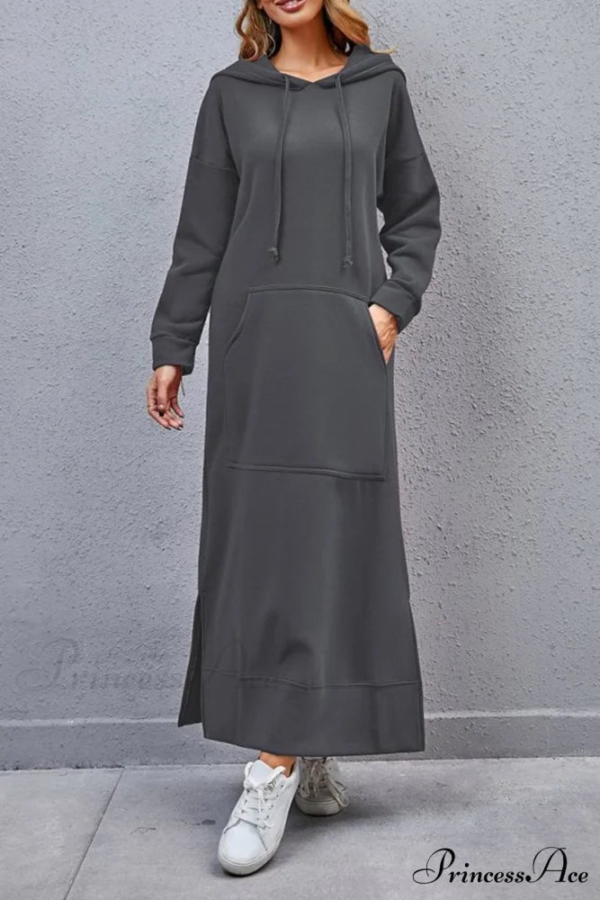 Pocketed Slit Hem Hoodie Dress Dark Grey / XL