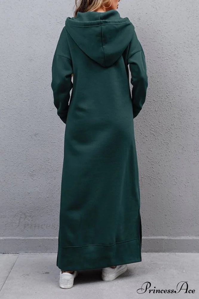 Pocketed Slit Hem Hoodie Dress Green / 2XL