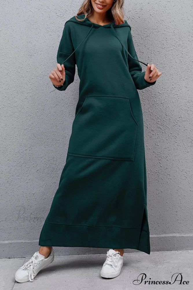 Pocketed Slit Hem Hoodie Dress Green / S
