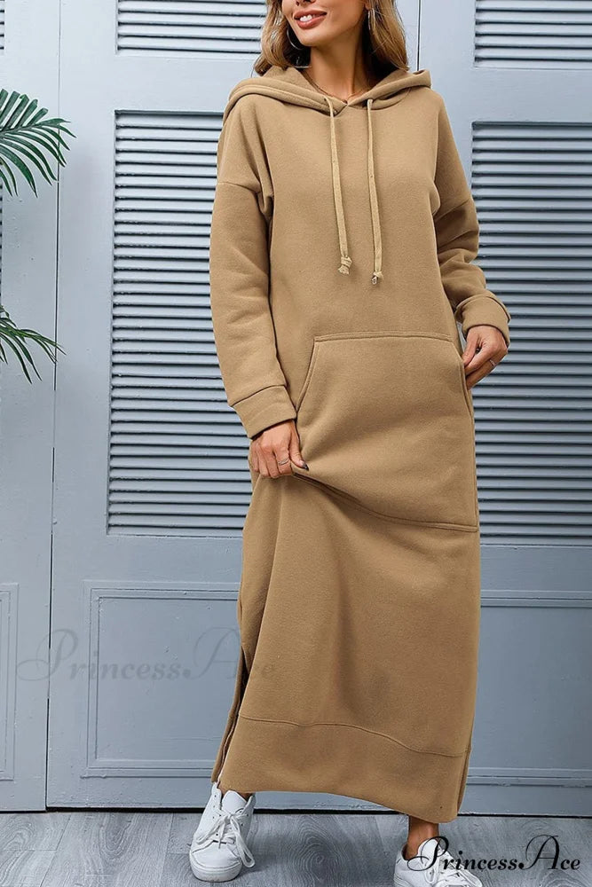 Pocketed Slit Hem Hoodie Dress Khaki / S