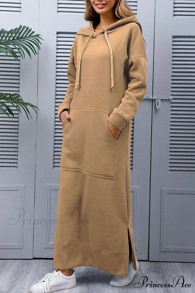 Pocketed Slit Hem Hoodie Dress Khaki / XL