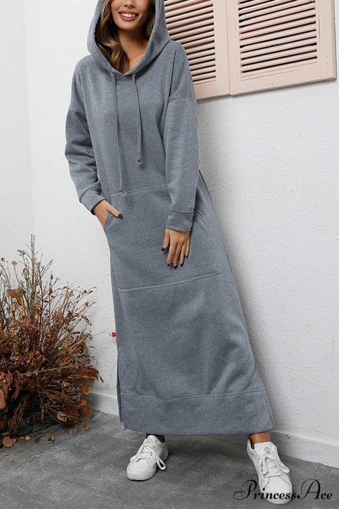 Pocketed Slit Hem Hoodie Dress Light Grey / S