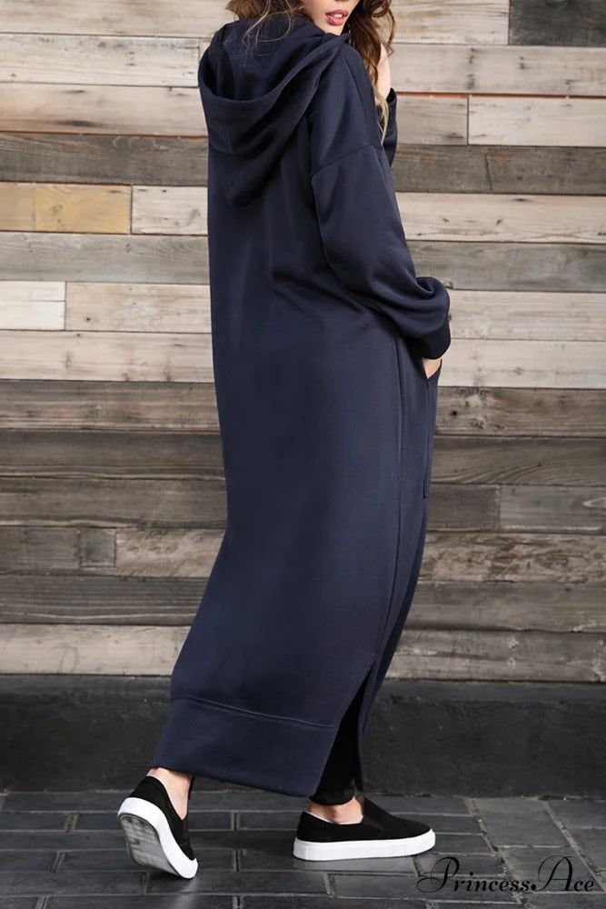 Pocketed Slit Hem Hoodie Dress Navy Blue / 2XL