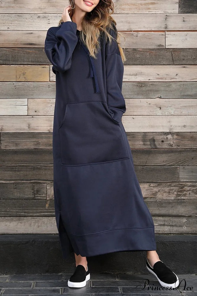 Pocketed Slit Hem Hoodie Dress Navy Blue / S