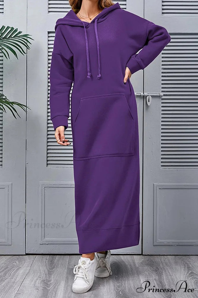 Pocketed Slit Hem Hoodie Dress Purple / S