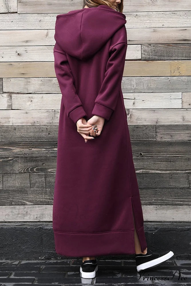 Pocketed Slit Hem Hoodie Dress Wine Red / 2XL