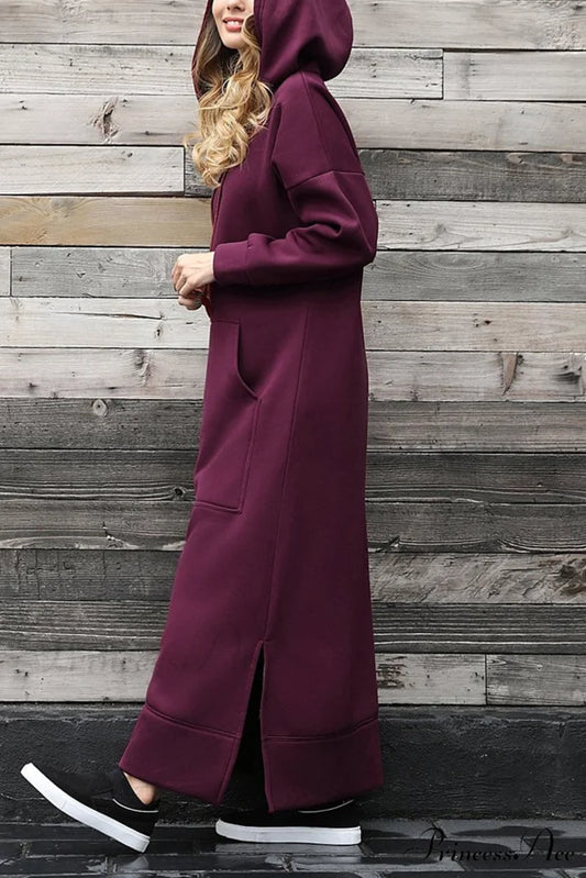 Pocketed Slit Hem Hoodie Dress Wine Red / L