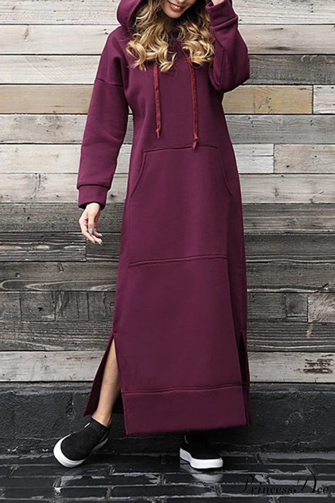 Pocketed Slit Hem Hoodie Dress Wine Red / S