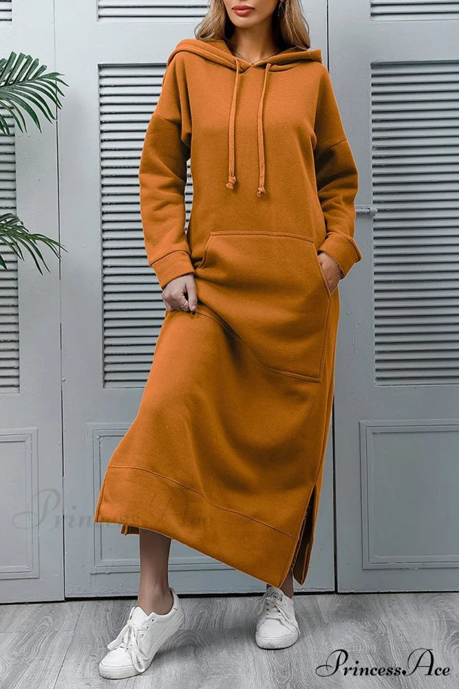 Pocketed Slit Hem Hoodie Dress Yellow / S