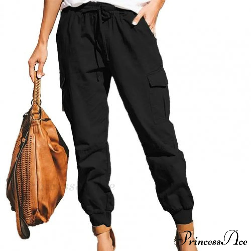 Pockets Ankle Tied Trousers Office Women Pants Black / M