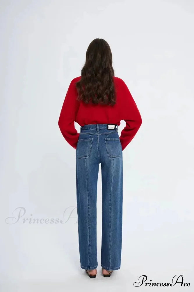 Pockets Women Temperament High Waist Straight Denim Pant Females Vintage Simple Streetwear Washed Chic 2024 New Jean