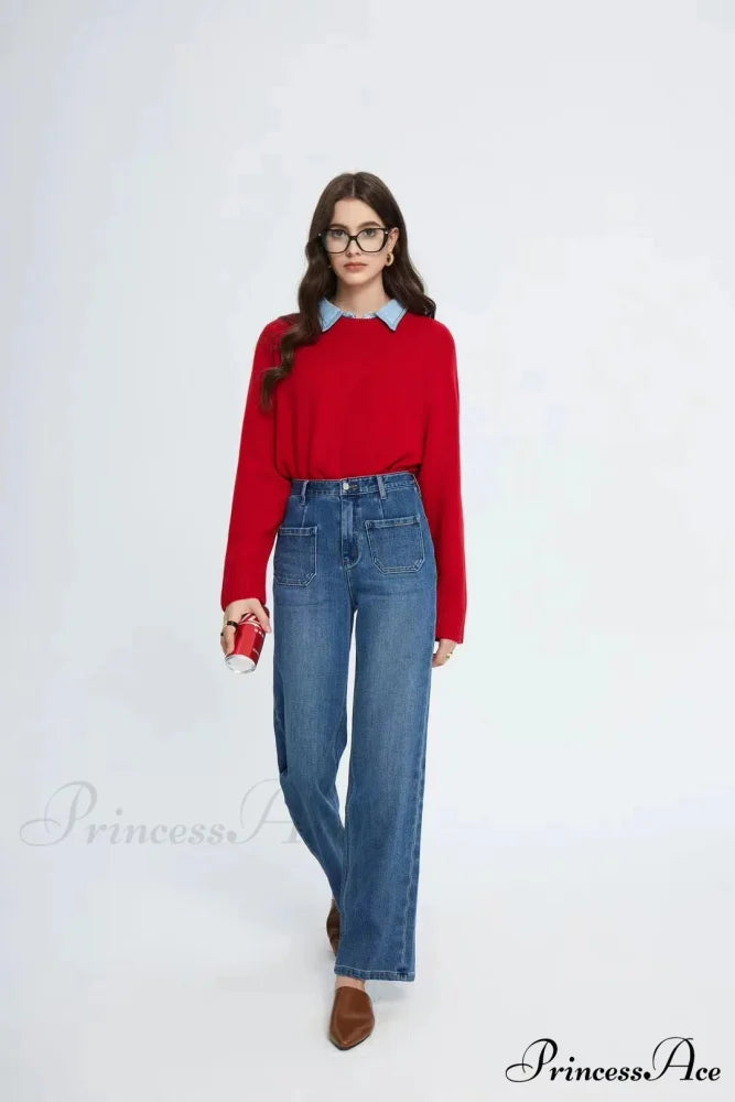 Pockets Women Temperament High Waist Straight Denim Pant Females Vintage Simple Streetwear Washed Chic 2024 New Jean