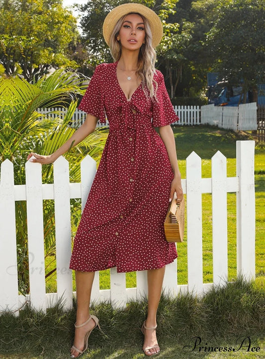 Polka-Dot Bandage Bowknot Bohemia Midi Dress for Summer S / Burgundy