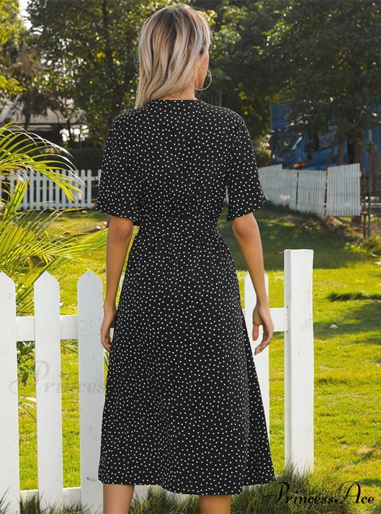 Polka-Dot Bandage Bowknot Bohemia Midi Dress for Summer S / Green