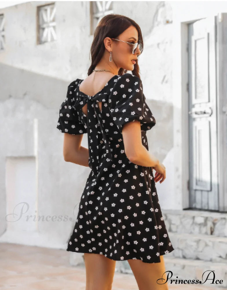 Polka Dot Bubble Sleeve Bow Skirt for Summer