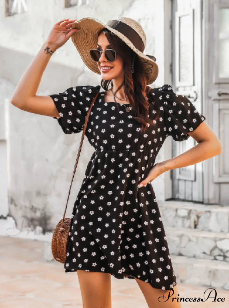 Polka Dot Bubble Sleeve Bow Skirt for Summer