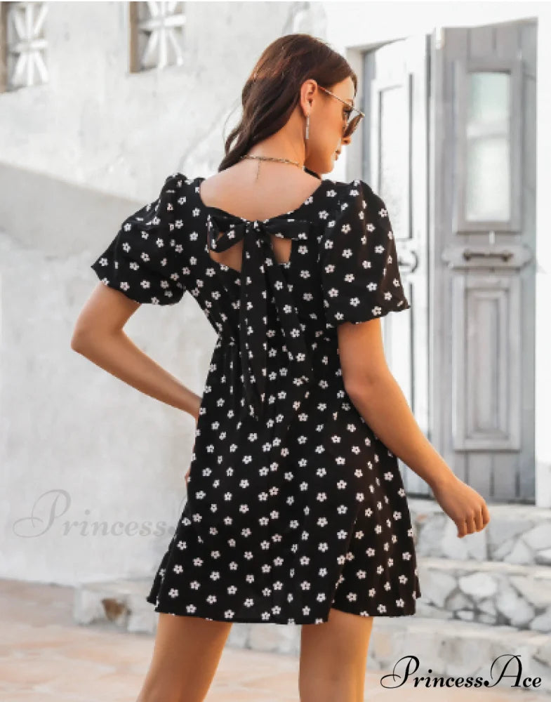 Polka Dot Bubble Sleeve Bow Skirt for Summer