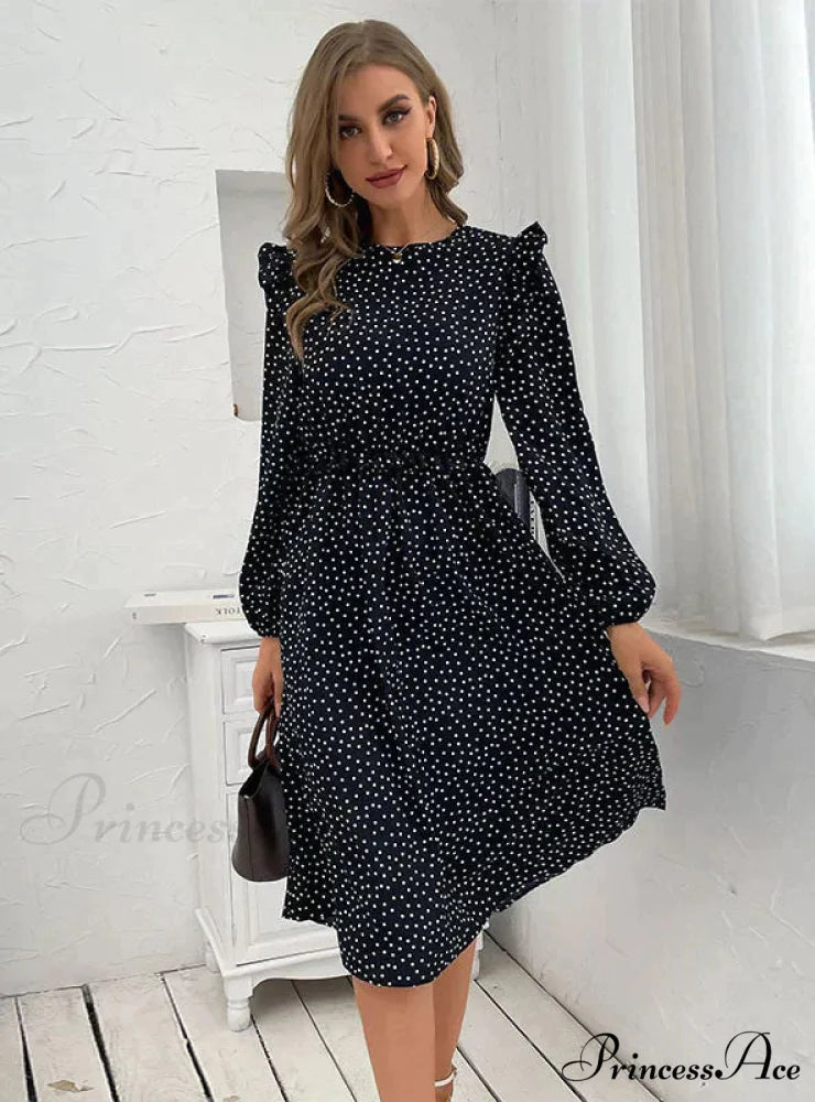 Polka Dot Long Sleeve Dress M / burgundy