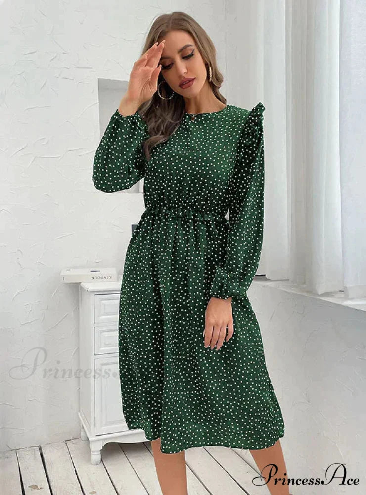 Polka Dot Long Sleeve Dress S / brown